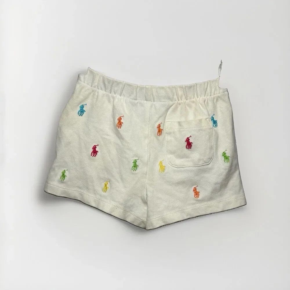 Polo Ralph Lauren Girls Size 5 White Multi Pony Embroidered Drawstring Shorts